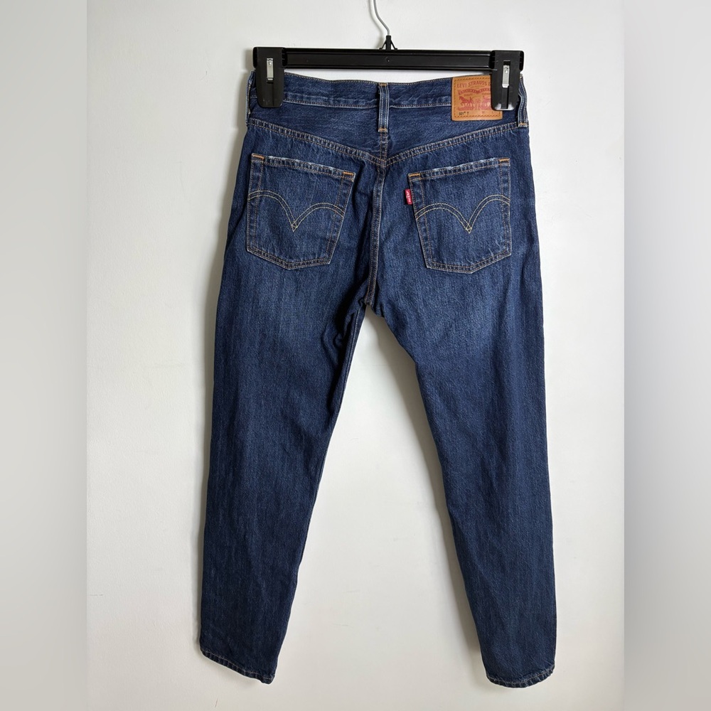 Levi’s 501 Tapered Jeans 25x28 Dark Wash Distressed 100% Cotton Button Fly - Picture 2 of 8